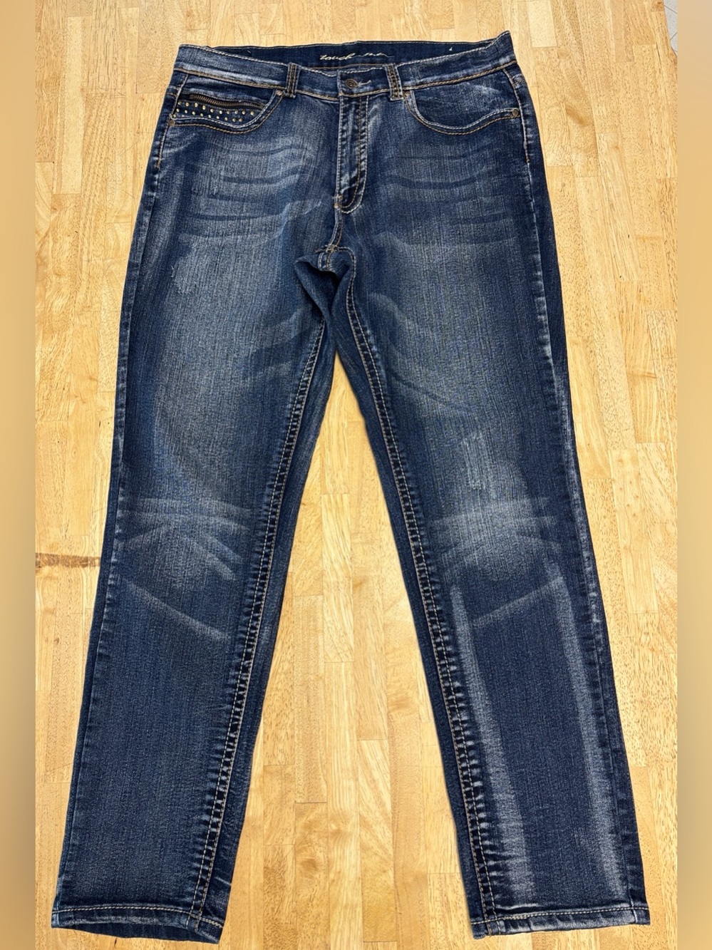 Touch Me Studded Rhinestone Dark Wash Slim Straight Jeans Zipper Pocket Sz 14